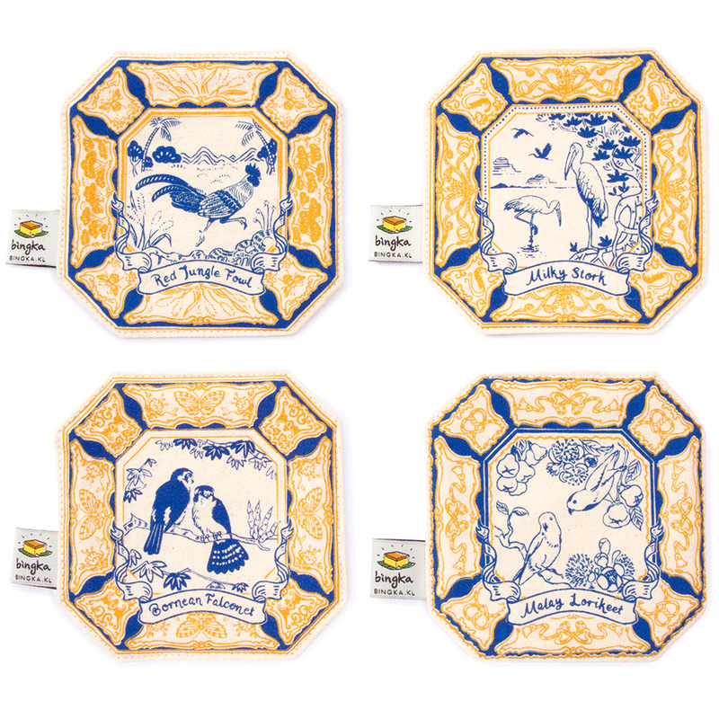 Set of 4 Malaysian Bird Tiles Coaster in Admiral Blue