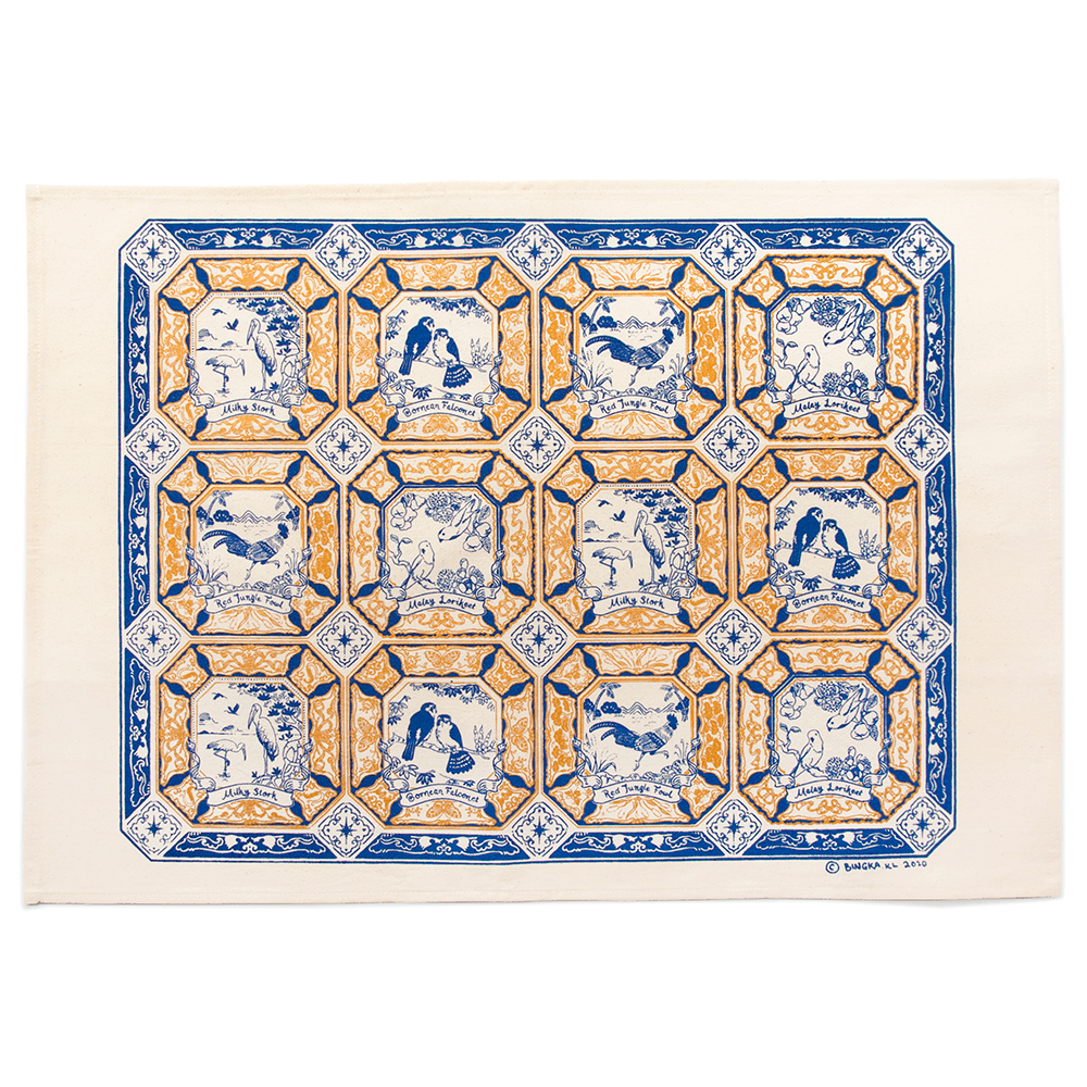 Malaysian Bird Tiles Tea Towel in Admiral Blue
